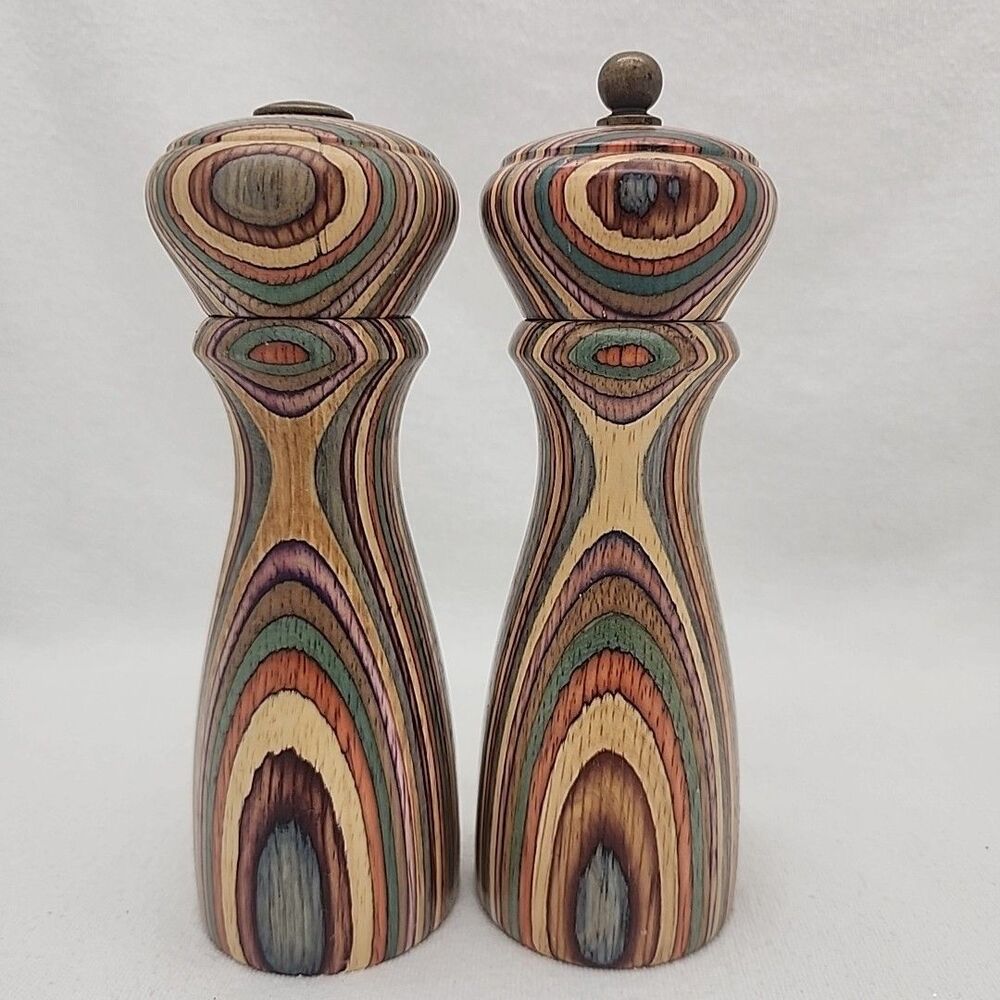 Salt Shaker & Pepper Mill Grinder Set Wood Mr Dudley Rainbow Color Vintage